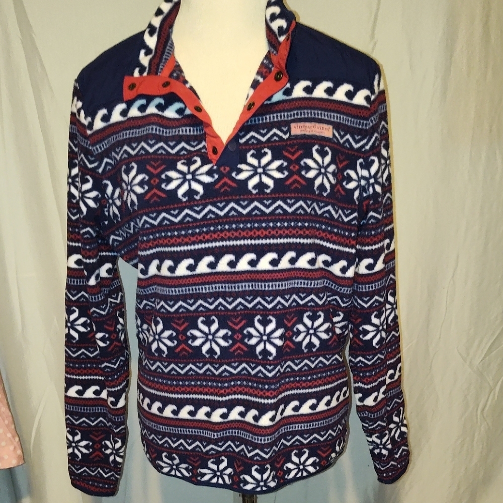Vineyard Vines Jacket Women SmallbBlue White Fair Isle Fleece  Pullover Preppy